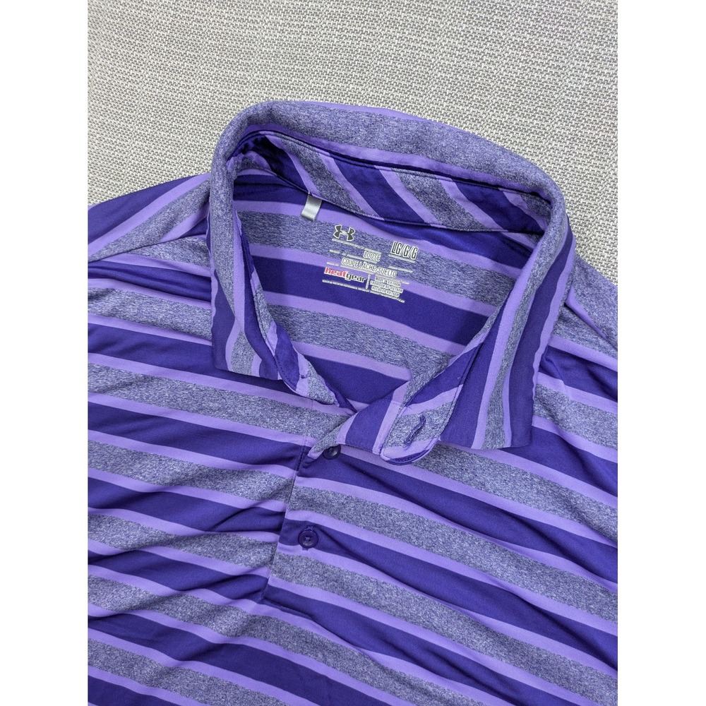 Under Armour HeatGear Polo Shirt Mens Large Purple Stripe Golf Performance